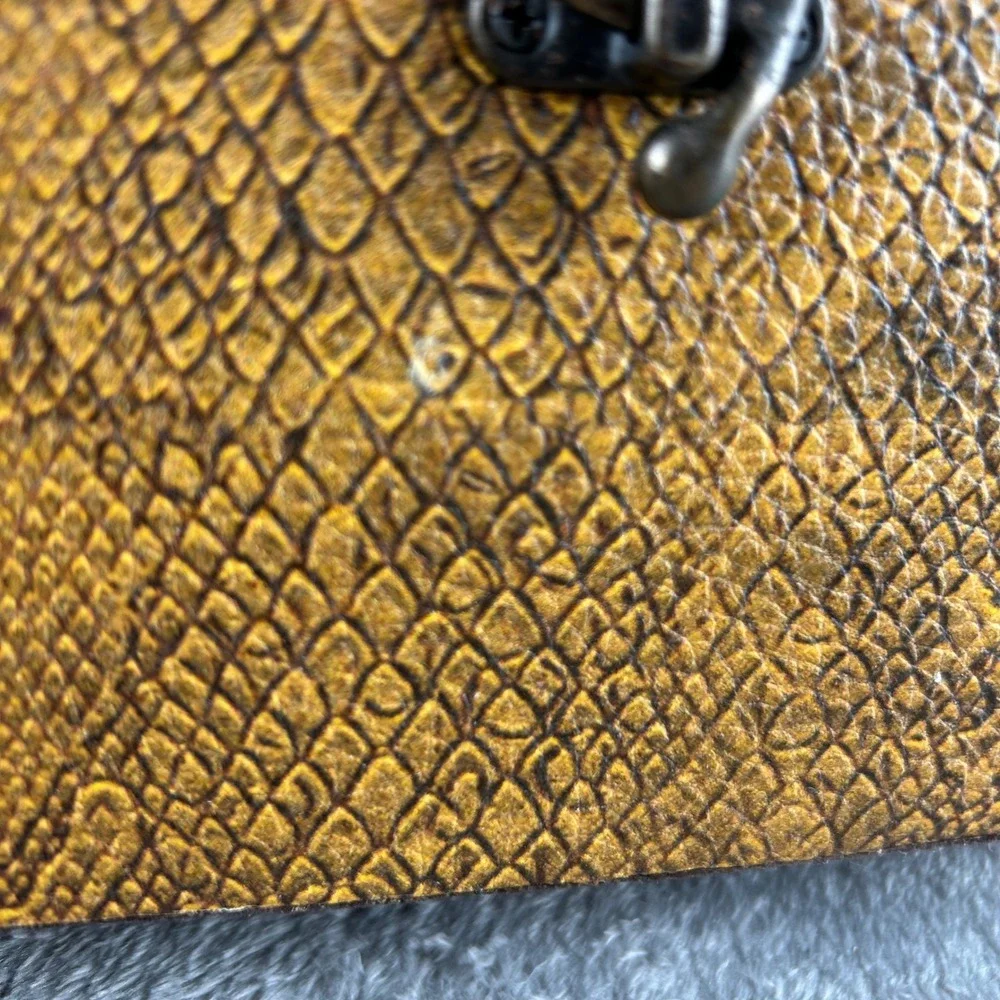 Vintage Snakeskin Embossed Treasure Chest Jewelry Box Bronze Handle Latch Yellow